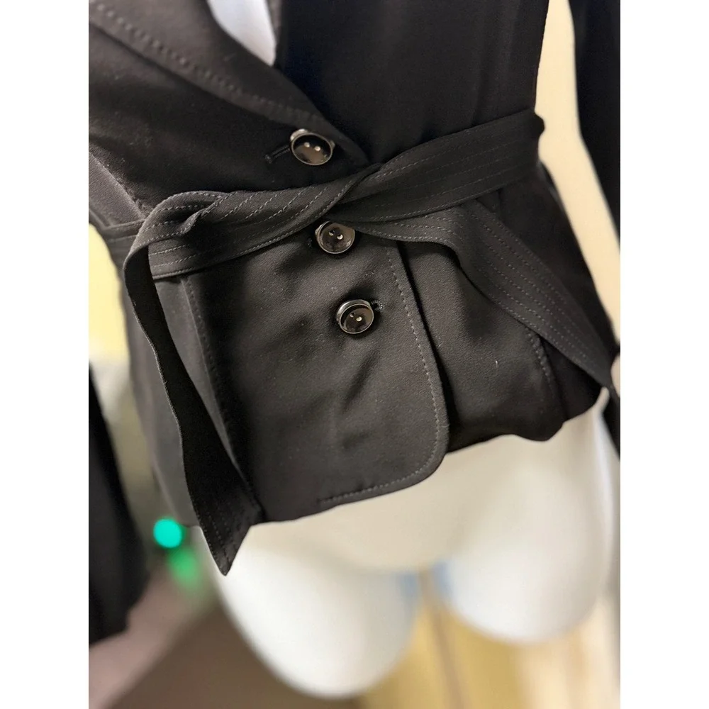 Women's Black Belted Blazer Jacket Double‎ Button Collar